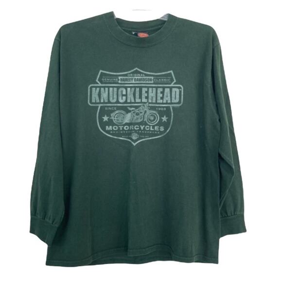 Harley Davidson Knucklehead Green Long Sleeve Graphic Shirt Sz L Made in USA - Picture 1 of 5